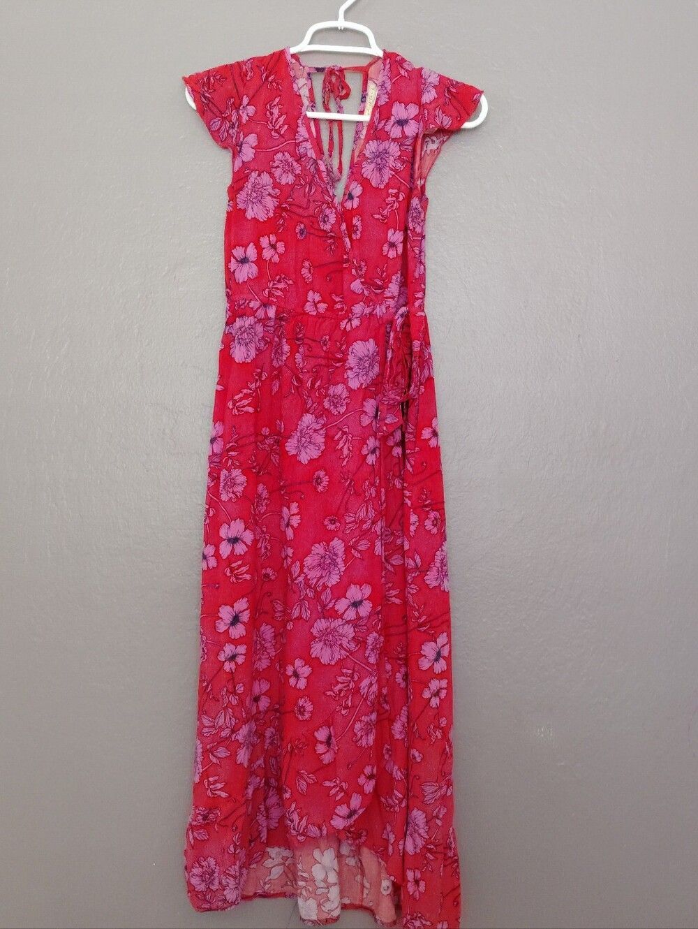 Band Of The Free Red Pink Floral Wrap Midi Dress Summer Cottagecore Boho Size s
